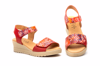 Sandalias Mujer Piel Rojo Multi Tiras Adhesiva