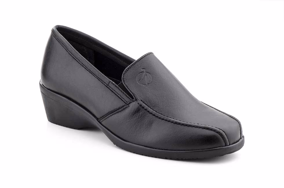 Zapatos Mujer Piel Negro Cuña Elástico Mocasín