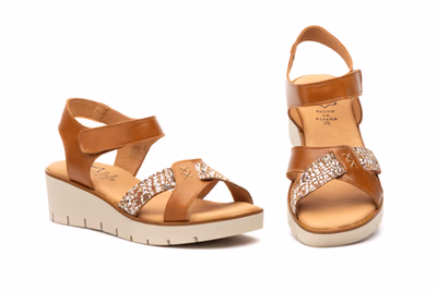 Sandalias Mujer Piel Cuero Tiras Adhesiva Cuña Gel