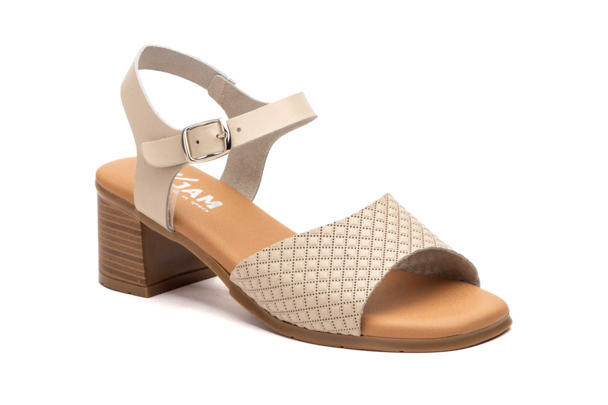 Sandalias Mujer Piel Beige Tacón Madera Cierre Hebilla Planta Gel